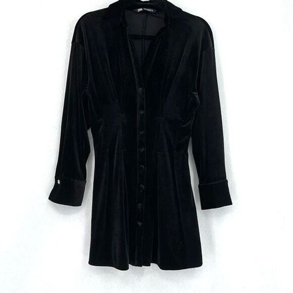 Zara Black Velvet V Neck Long Sleeve Pleated Button Front Shirt Dress Size XS - Picture 2 of 8